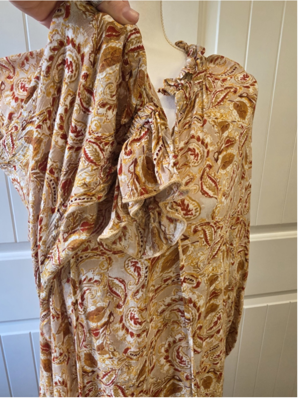 Aura Paisley Boho Maxi Dress Size M Ruffle Neck Tassel Tie Long Sleeve Boho - Picture 8 of 10